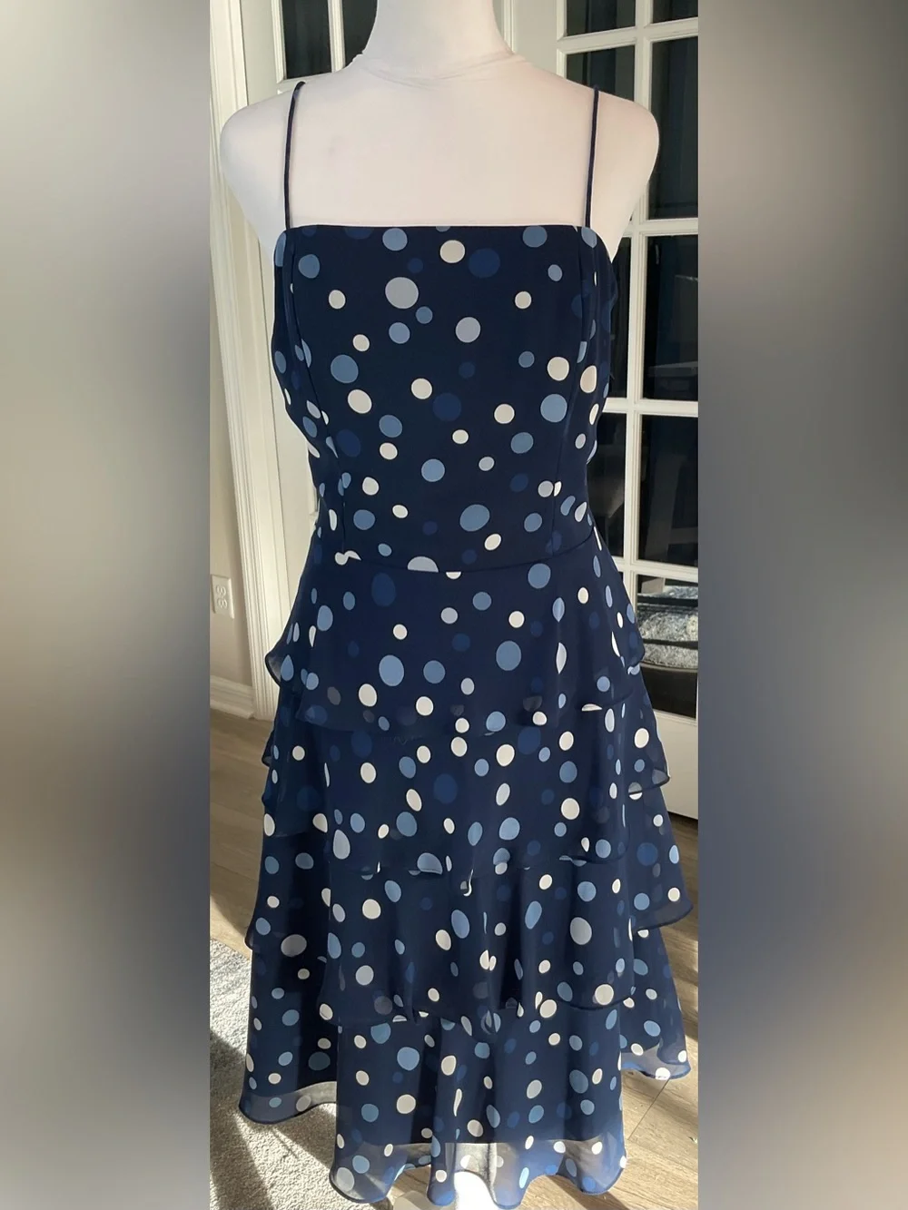 Dressbarn Navy Blue Polka Dot Tiered Chiffon Midi Dress Ruffle Size 12 GUC - Picture 9 of 13